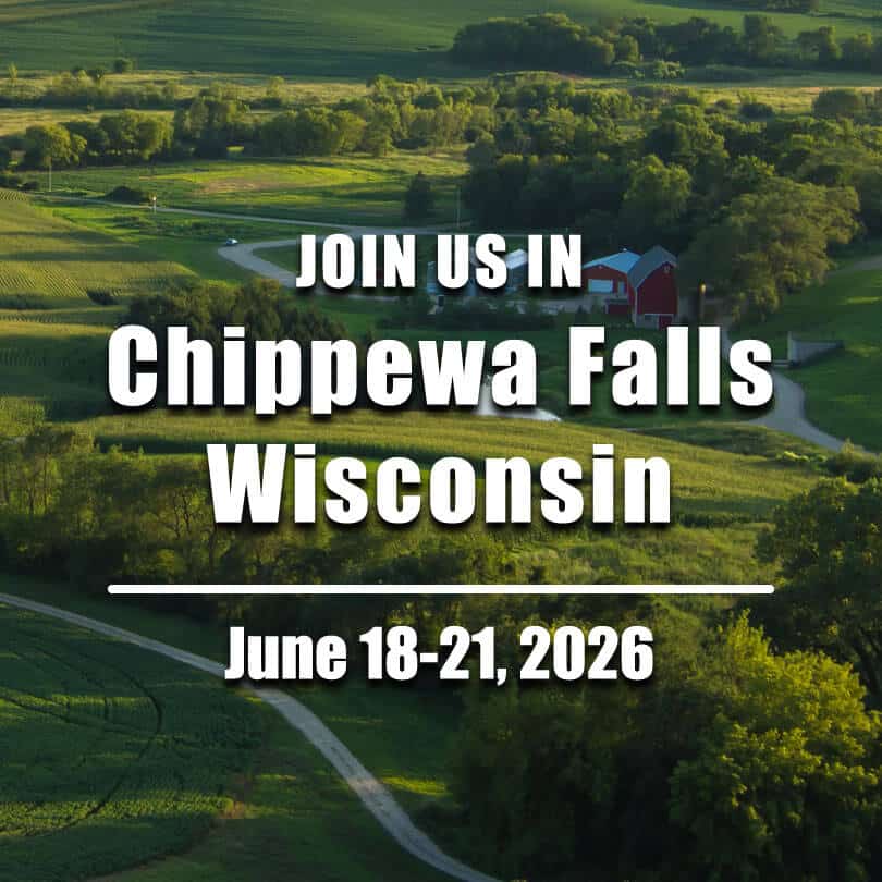 Over view of Wisconsin farm land view with the words Chippewas Falls, WI June 18-21, 2026