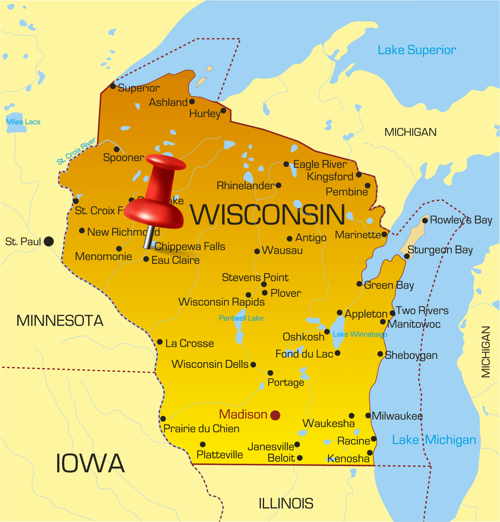Map of Wisconsin with Chippewa Falls marked