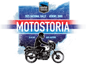 MotoStoria, BMW RA 2025 National Rally in Athens, Ohio logo with Ohio state and rider on a motorcycle