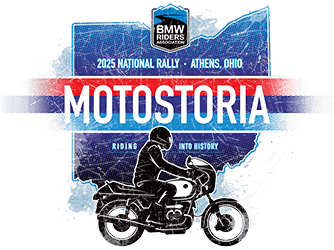 MotoStoria, BMW RA 2025 National Rally in Athens, Ohio logo with Ohio state and rider on a motorcycle