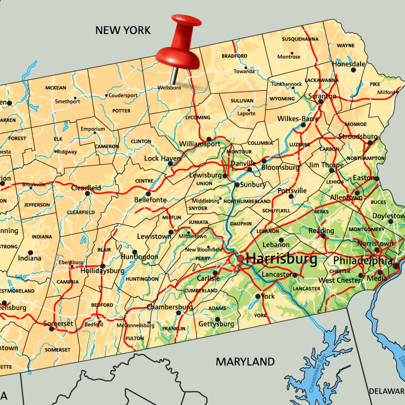Pennsylvania map with Wellsboro, PA pinned